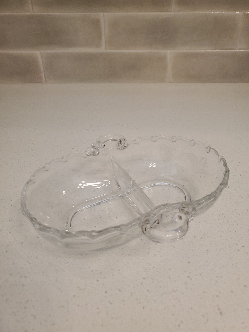 Fostoria Etched Glass  Camellia Rose Vintage Relish Dish with Handles MCM